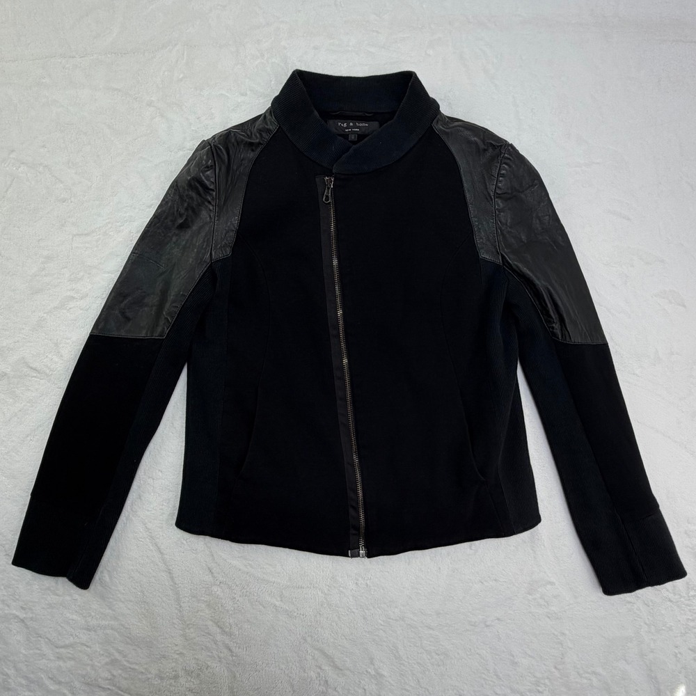 rag & bone Black Leather-Sleeve Zip Jacket
